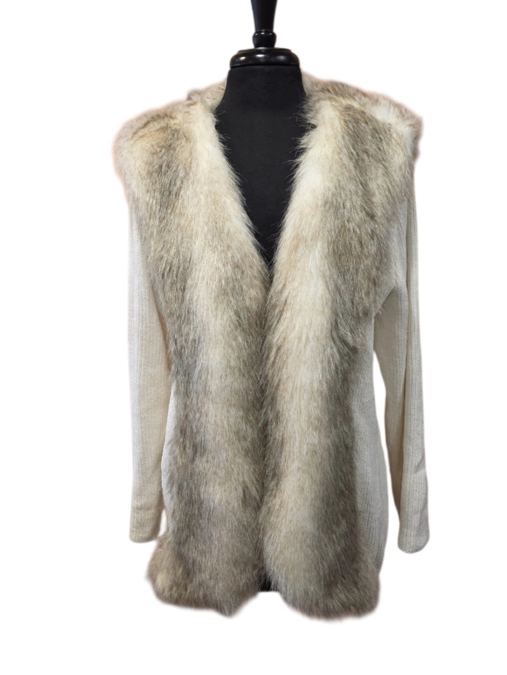 Y2K Lisa International Faux Fur Trim Open Front Cardigan Cream and Taupe